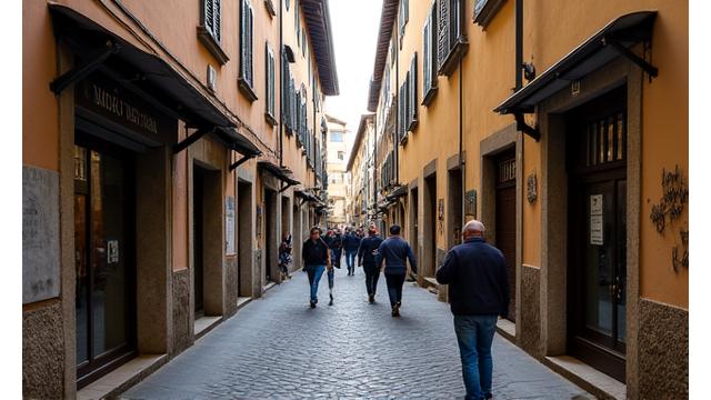Una strada stretta e acciottolata nel quartiere Oltrarno di Firenze, con botteghe artigiane e edifici storici.