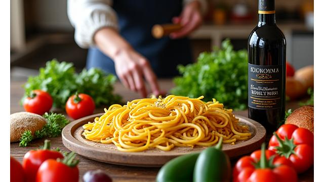 Una tavola contadina toscana imbandita con piatti freschi, vino e pane artigianale, in una cucina rustica.