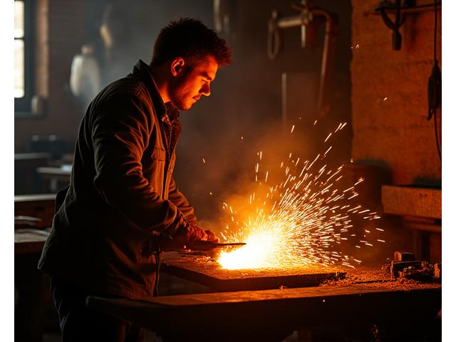 Un fabbro che lavora il metallo incandescente, scintille volano in un'officina storica a Firenze.
