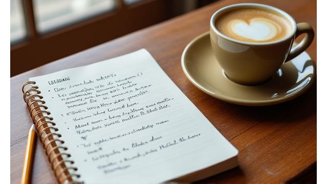 Un quaderno con appunti in italiano, una matita e una tazza di caffè su un tavolo di legno, in un ambiente accogliente.