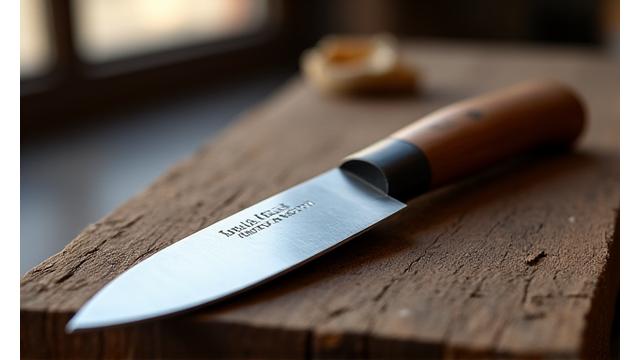 Un coltello artigianale con manico in legno, forgiato a mano, che mostra lama lucida e dettaglio del manico.
