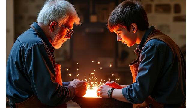 Un fabbro anziano che insegna a un apprendista le tecniche di forgiatura, in un ambiente di apprendimento personalizzato.