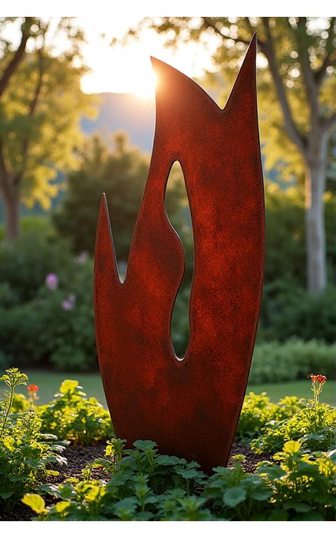 Scultura astratta in acciaio corten nel paesaggio